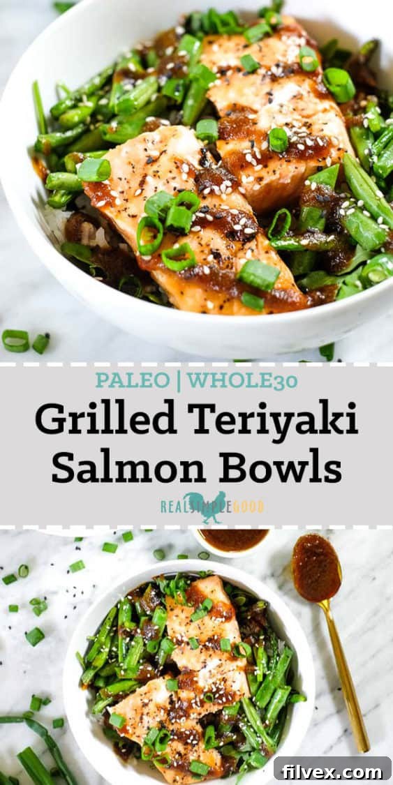 Grilled teriyaki salmon in a bowl with green beans, asparagus, rice and greens. Topped with teriyaki sauce, green onion and sesame seeds long pin. 
