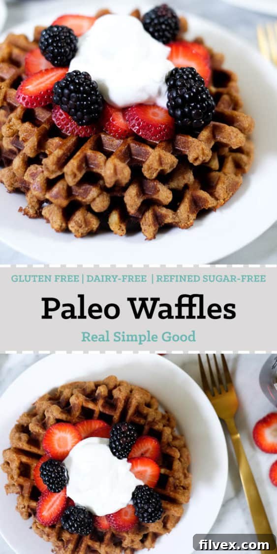 Long pin image of Paleo waffles topped with berries and coconut whipped cream, ideal for sharing on Pinterest to highlight gluten-free, egg-free, dairy-free breakfast options.