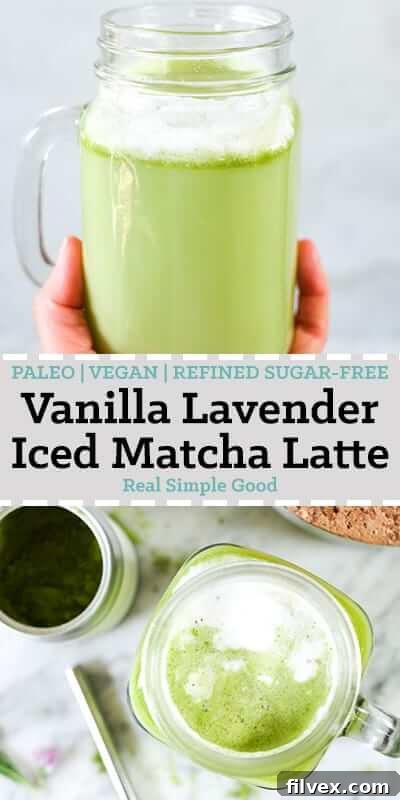 Iced matcha latte in a mason jar mug long pin. 