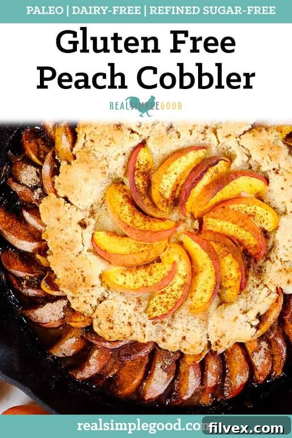 Gluten free peach cobbler in cast iron skillet long pin. 