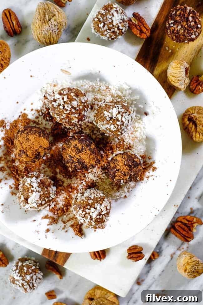 Delicious Fig and date bliss balls rolled in coconut and raw cacao, artfully arranged with whole pecans and dried figs.