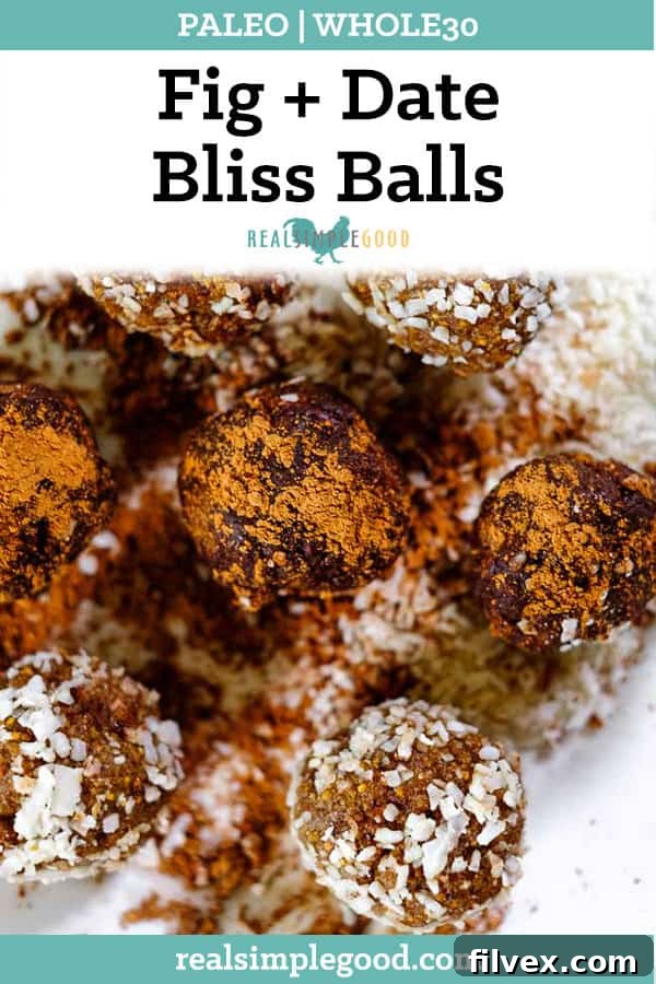 Long shot of Fig and date bliss balls rolled in coconut and raw cacao, perfect for Pinterest. 