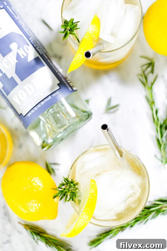 Two glasses of iced lemon & rosemary cocktail with lemon wedge, fresh rosemary garnish and stainless steel straws. Bottle of Heritage Distilling vodka. 