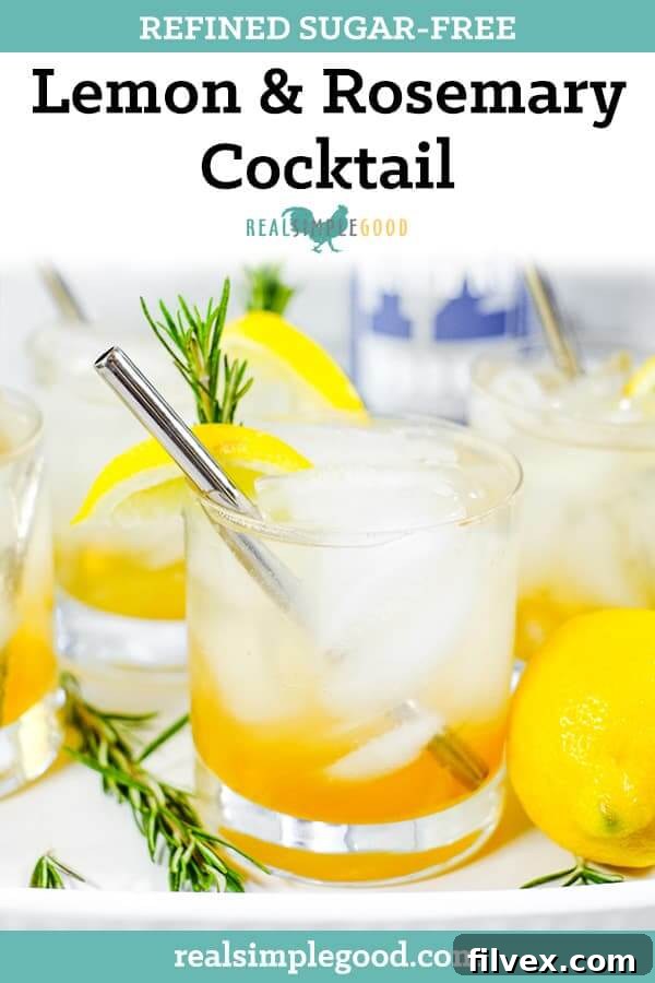 Tray with four glasses of iced lemon & rosemary cocktail with lemon wedges, fresh rosemary and stainless steel straws long pin. 