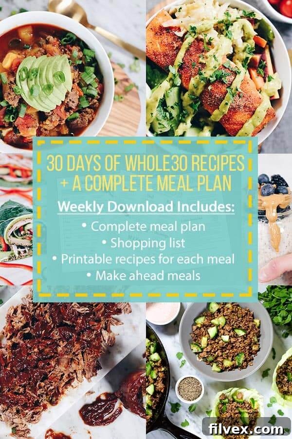 Whole30 Food List Guide and Meal Plan Collage