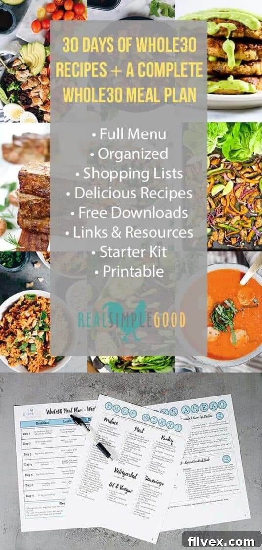 Whole30 food list meal plan collage with text and meal plan photo at bottom