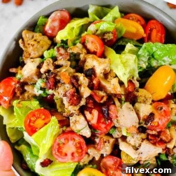 Close-up of a BLT salad bowl, ready to be served.