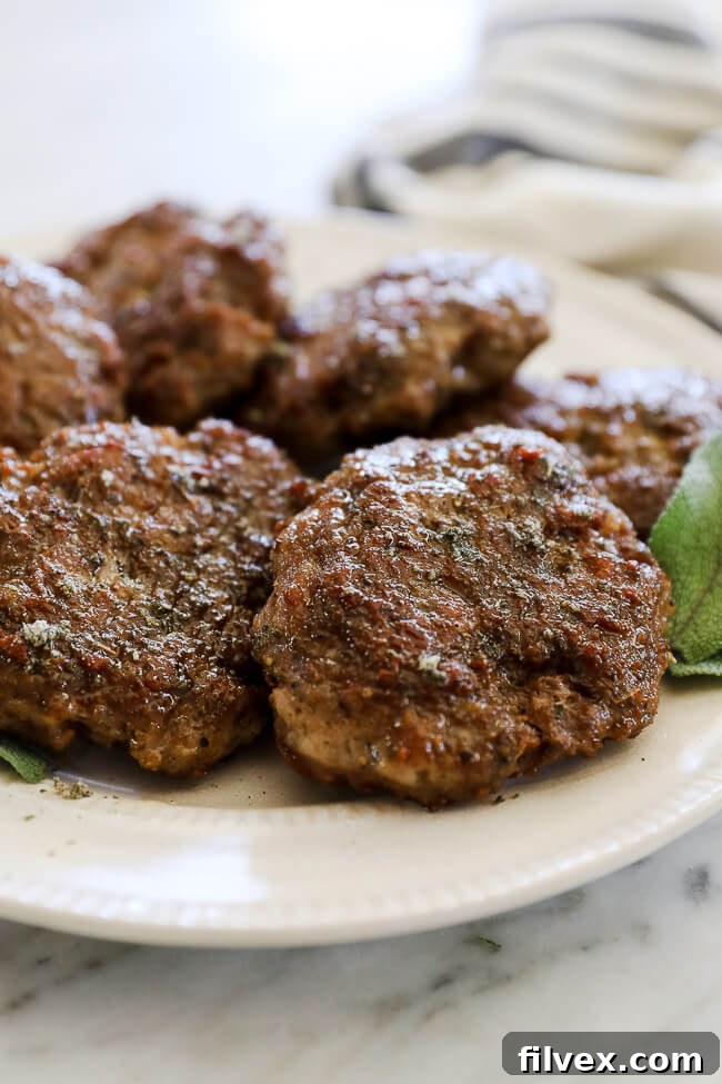 Three perfectly cooked homemade country breakfast sausage patties arranged neatly on a white plate, garnished with fresh sage leaves.