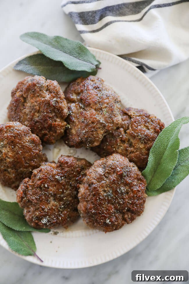 Overhead view of several homemade country breakfast sausage patties on a white plate, beautifully garnished with fresh sage leaves.