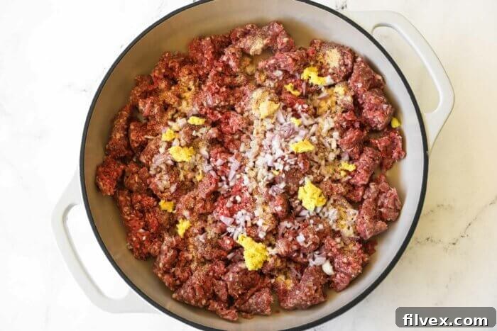 Raw ground beef with shallot, grated ginger and seasonings mixed in