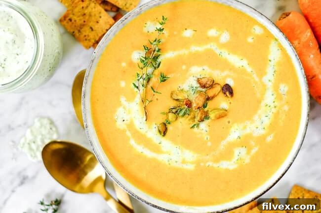 Creamy carrot ginger soup garnished with dairy-free tzatziki, pistachios, and fresh thyme, presented on a rustic table with additional condiments.