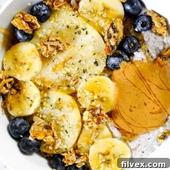 A stylish, top-down view of a single bowl of Chai Spiced Paleo Chia Seed Pudding, exquisitely topped with fresh fruit, crunchy granola, and a swirl of nut butter, presented on a light background.