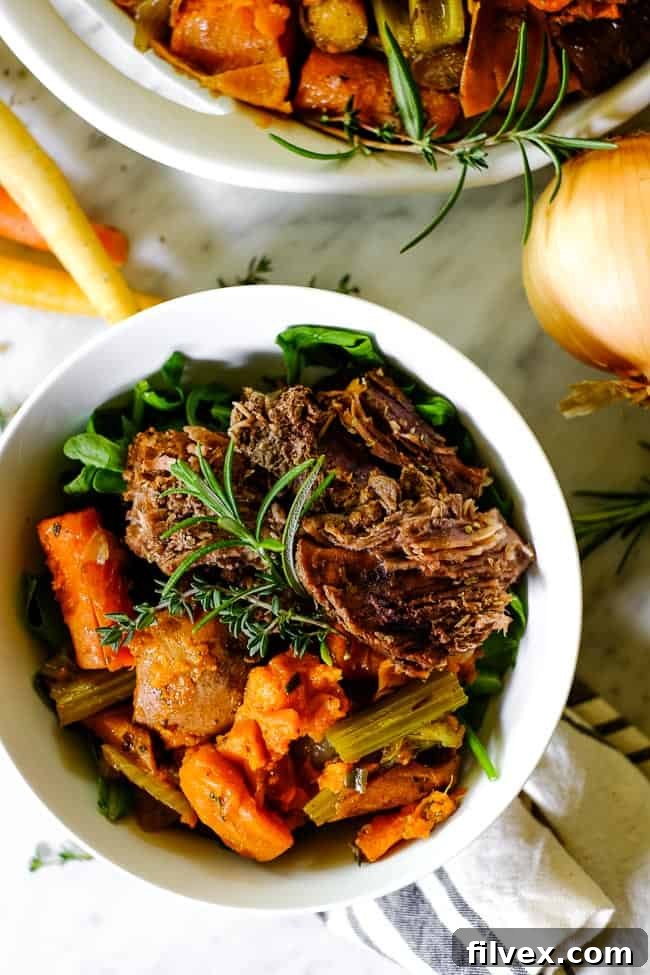 Instant Pot pot roast in a bowl with greens, sweet potato, onion, carrots, celery and fresh herbs. 
