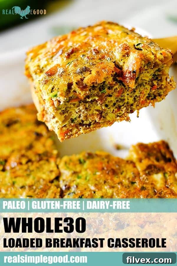 Long pin image for Loaded Whole30 Breakfast Casserole with text overlay and a piece of casserole on a plate.
