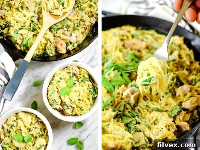 A collage of creamy chicken casserole images: one in a cast iron skillet with a fork taking a scoop, and another showing the skillet alongside two garnished bowls, highlighting serving versatility and tempting appeal.
