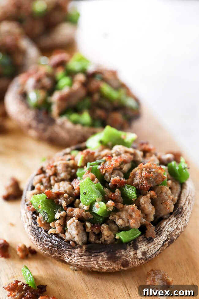 Angle close-up shot of a baked sausage stuffed portobello mushroom, showing the golden-brown sausage and green peppers on a wooden board.