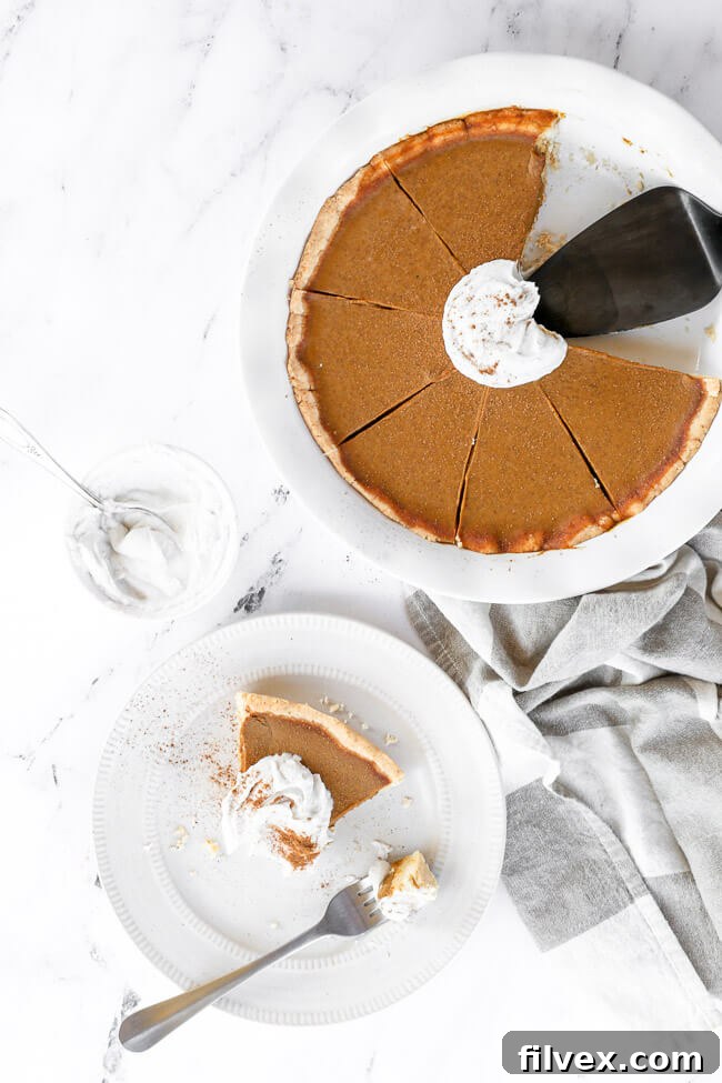 An inviting slice of dairy-free and gluten-free pumpkin pie, beautifully presented on a plate, topped with a generous swirl of whipped coconut cream and a dusting of cinnamon. A bite has been taken, showcasing its delicious appeal.