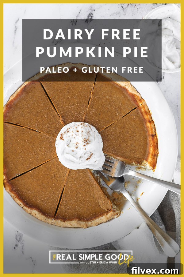 A captivating image featuring text overlay at the top, showcasing a dairy-free and gluten-free pumpkin pie in its dish with one slice removed and two forks dug into the vacant spot. The pie is beautifully garnished with whipped coconut cream and a dusting of cinnamon, emphasizing its allure.