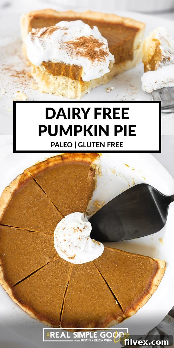 A striking vertical split image with a text overlay in the center. The top section presents an angled view of a single slice of dairy-free and gluten-free pumpkin pie, with a bite taken, revealing its creamy texture. The bottom section displays the full pie in its dish, with a couple of pieces removed and a pie server resting within, invitingly.