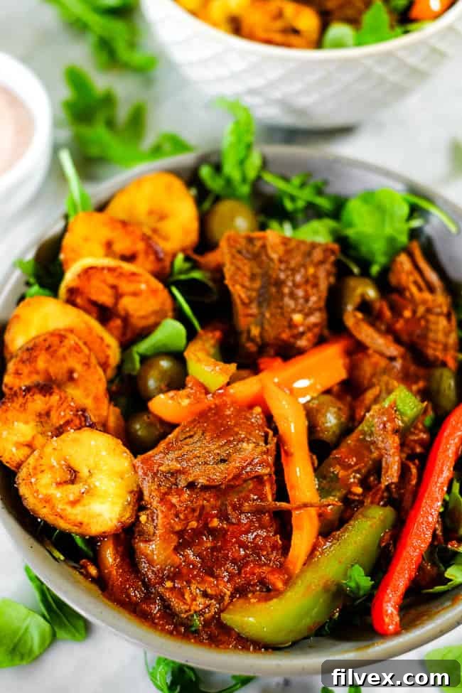A close-up, angled shot of Ropa Vieja in bowls, garnished with fresh greens and golden-fried plantains, highlighting its appetizing presentation.
