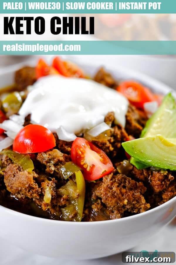 A long, vertical pin for Pinterest showcasing a bowl of keto chili generously topped with chopped onion, tomatoes, avocado, and a dollop of coconut yogurt. The image is designed to attract attention and encourage saving the recipe.