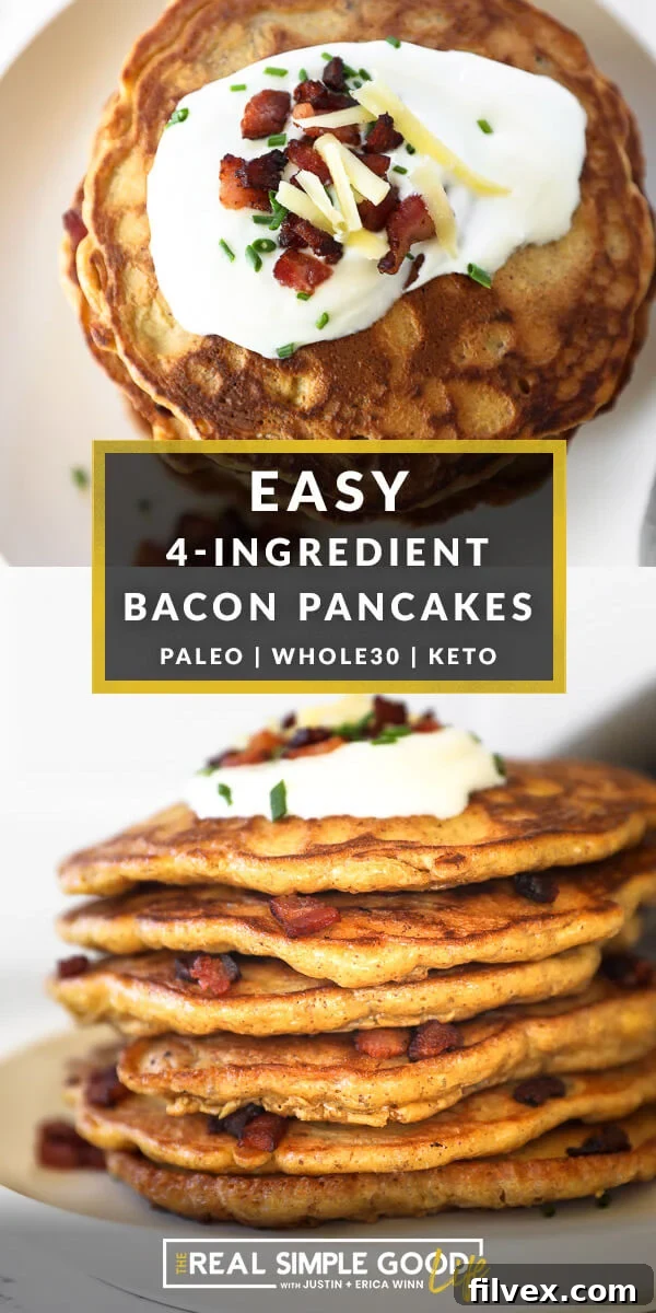 A striking vertical split image featuring our savory bacon pancakes. The top half shows an overhead view of a pancake garnished with sour cream, bacon, chives, and cheese, while the bottom half displays a full stack of these delicious pancakes.