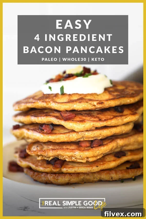 A stunning vertical image with a text overlay at the top, showcasing a beautiful stack of bacon pancakes on a plate, generously topped with creamy sour cream, fresh chives, crispy bacon, and savory cheese.