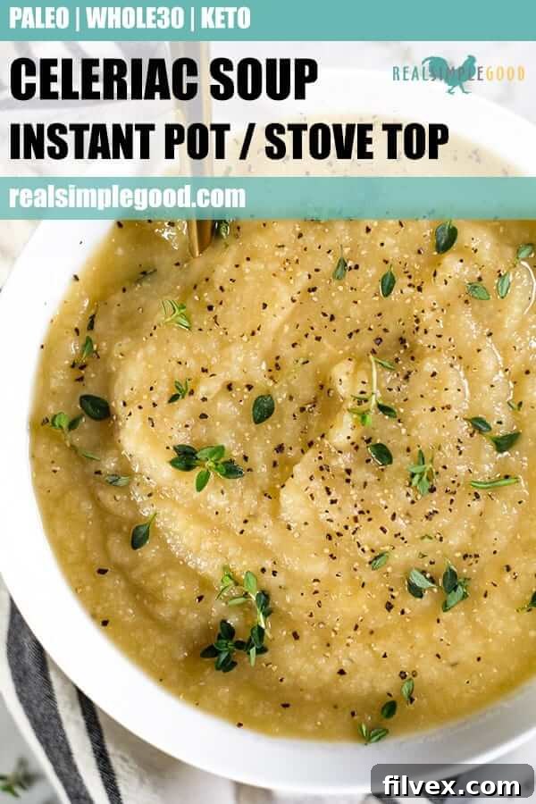 Celeriac soup in a bowl with fresh thyme and ground black pepper. Long pin for pinterest. A vertical image for pinning.
