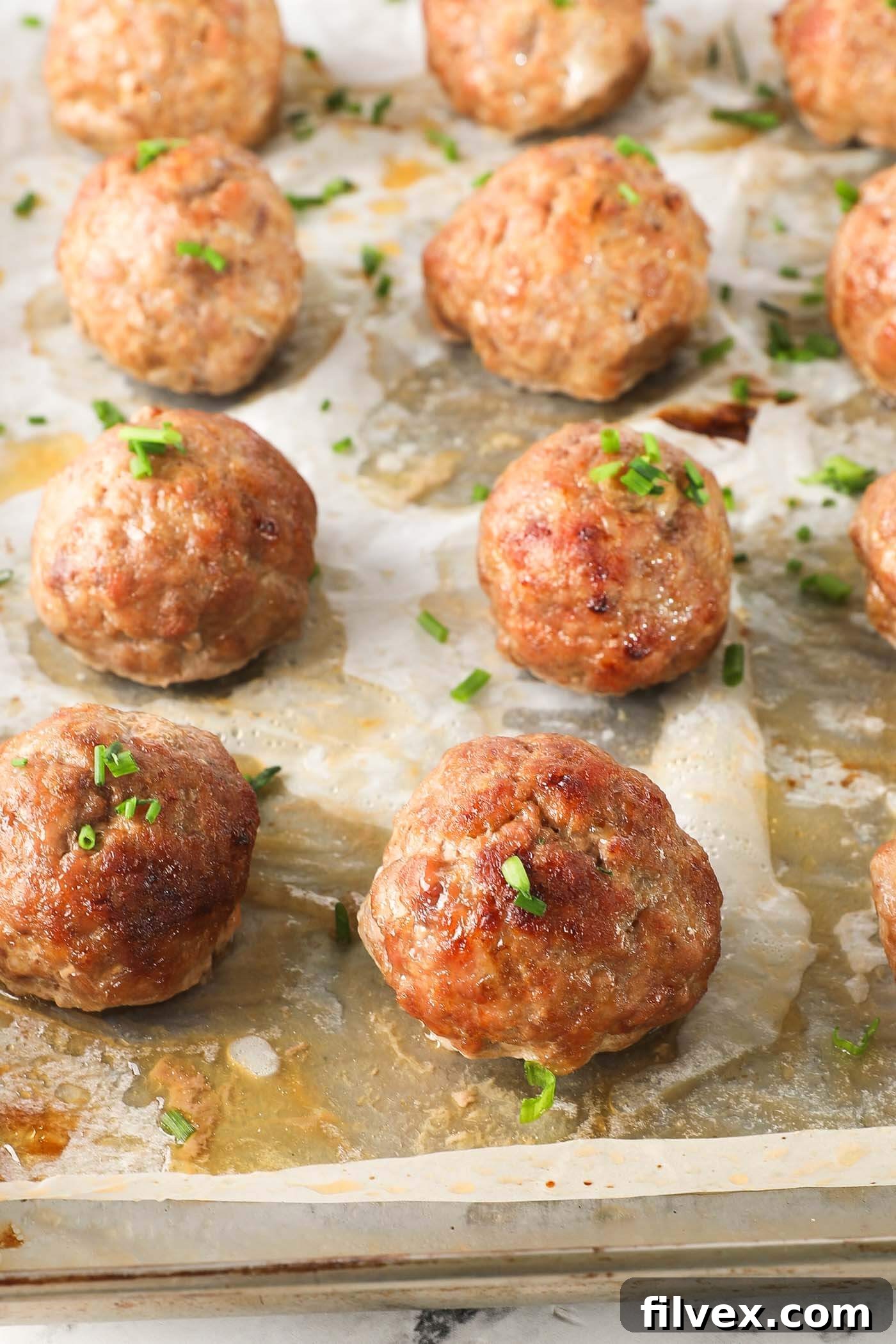 Perfectly baked pork meatballs, golden brown and ready to serve