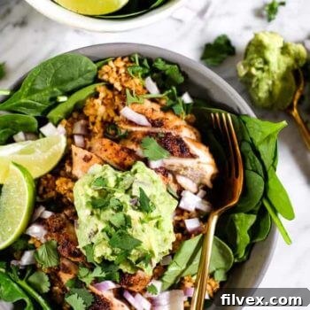 Savory chicken burrito bowl with vibrant toppings