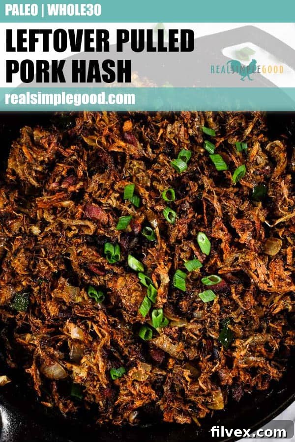 Long Pinterest pin image of Leftover Pulled Pork Hash in a black skillet with descriptive text overlaid.
