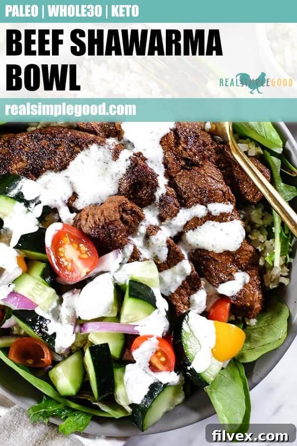 Large, appetizing image of the Beef Shawarma Bowl, ready to be served, showcasing its vibrant components.