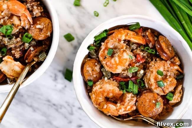 Two bowls of Instant Pot Jambalaya, garnished with fresh green onions, with forks ready for eating.