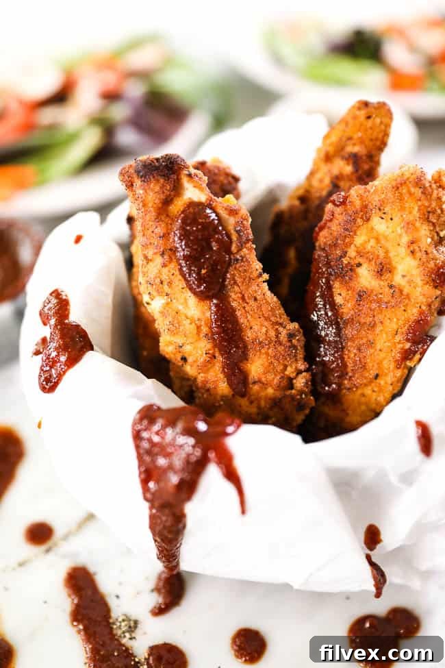 Paleo fried chicken like fries in a mug with parchment paper and drizzled BBQ sauce. 