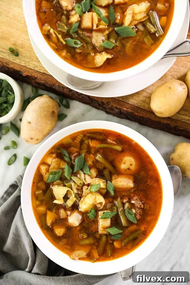 An overhead view of two bowls of Paleo and Whole30 Hamburger Soup, garnished with fresh green onions and chunks of potatoes, inviting viewers to savor the meal.