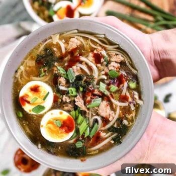Delicious bowl of Pork Ramen Noodles (Paleo, Whole30 + Keto)