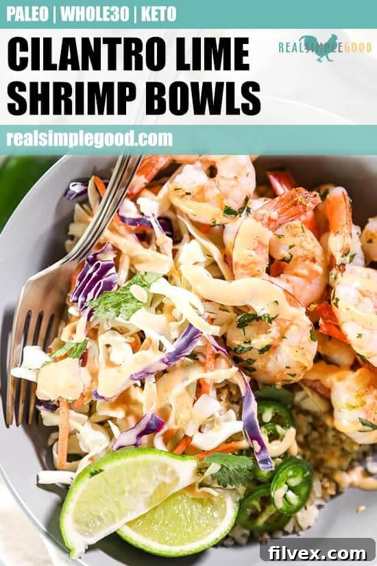 A close-up view of a vibrant cilantro lime shrimp bowl, showing the fresh and healthy ingredients, including succulent shrimp, creamy avocado, crisp jalapeño, and a zesty sauce, all ready to be enjoyed.