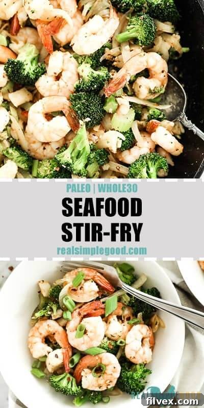 A composite image showing two views of the Paleo and Whole30 seafood stir-fry: one close-up in a cast iron skillet, and another in a serving bowl. Both feature succulent shrimp, flaky white fish, broccoli, celery, onion, and Cajun seasoning, garnished with green onions and red pepper flakes.