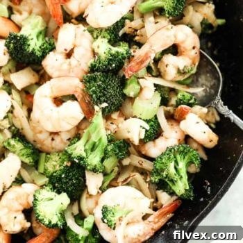 Seafood stir fry in a cast iron skillet