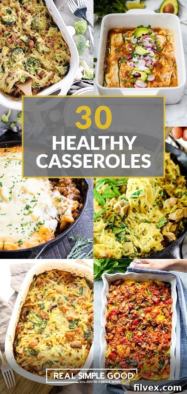 Collage of 6 casseroles with text overlay of 30 healthy casseroles for Whole30