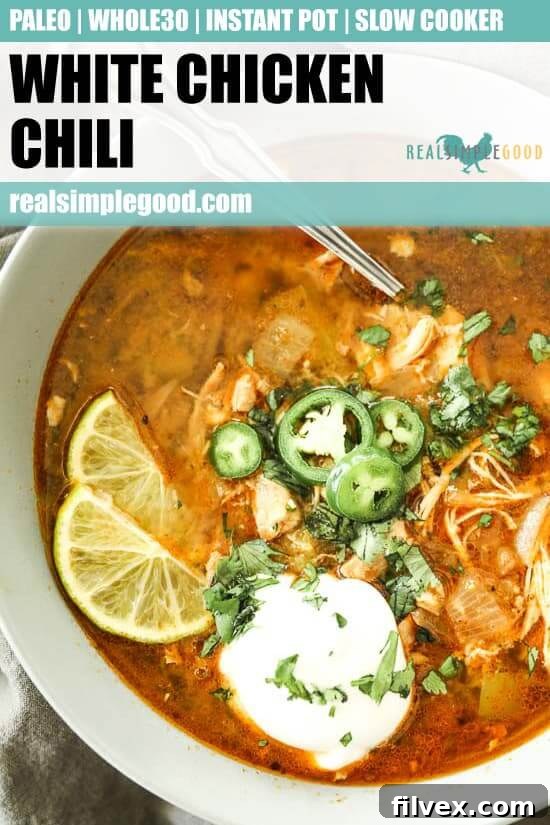 Instant Pot White Chicken Chili in a close-up bowl with toppings, suitable for sharing on Pinterest.