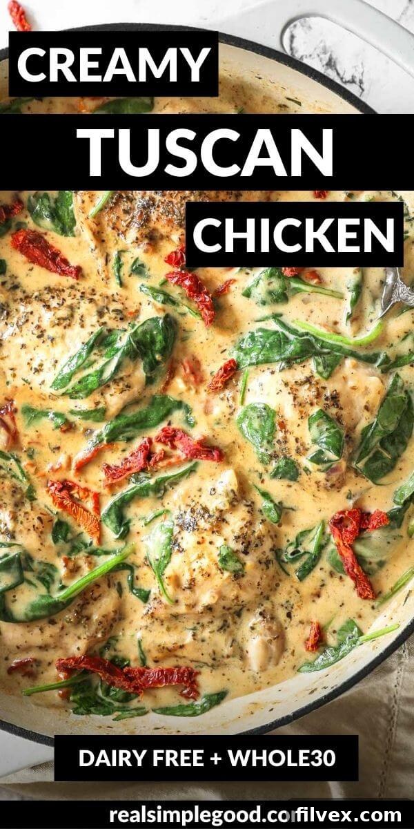 Vertical image with text overlay at the top. Close up image of creamy tuscan chicken in skillet with a serving spoon.