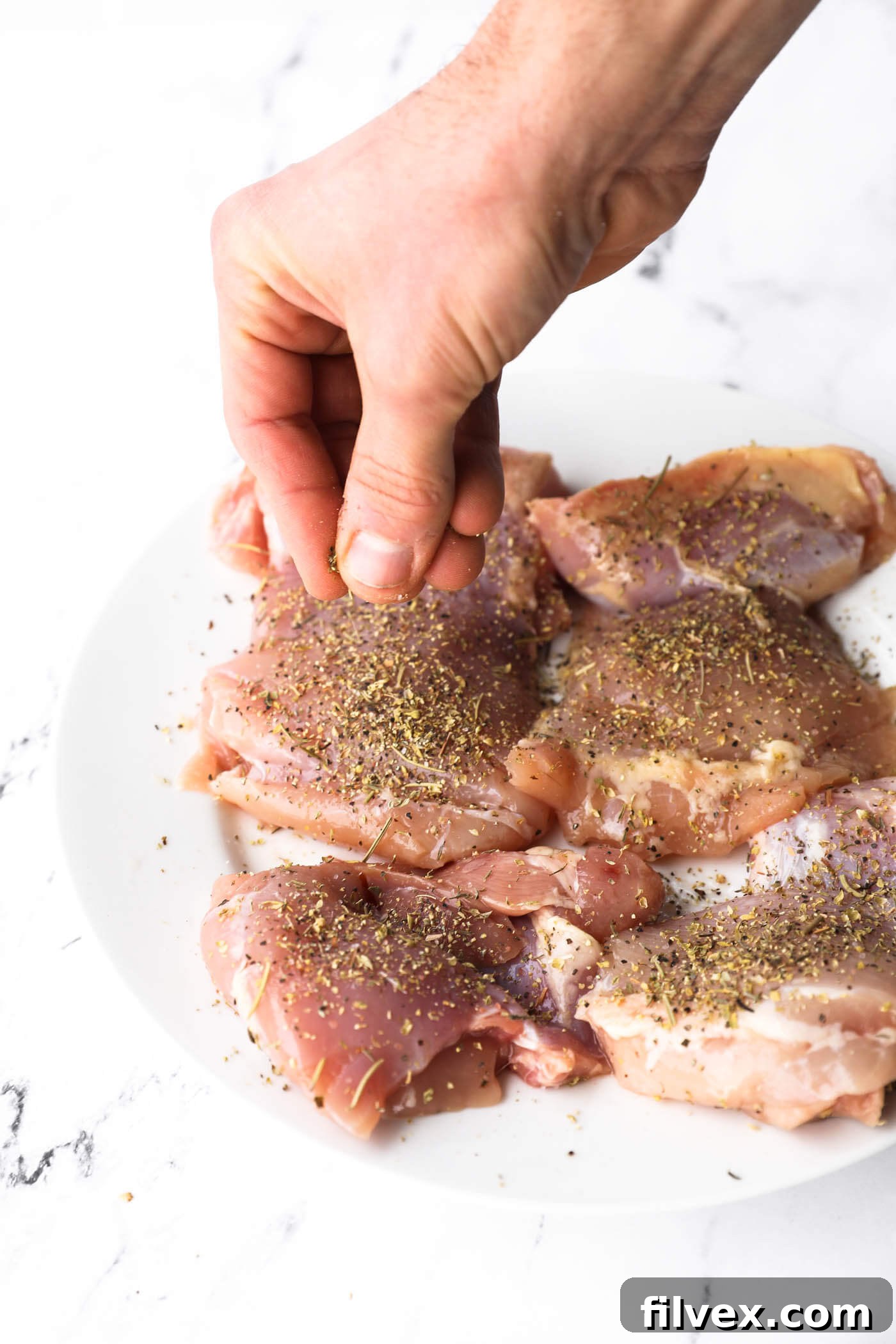 Raw chicken seasoned with Italian herbs, ready for the skillet.