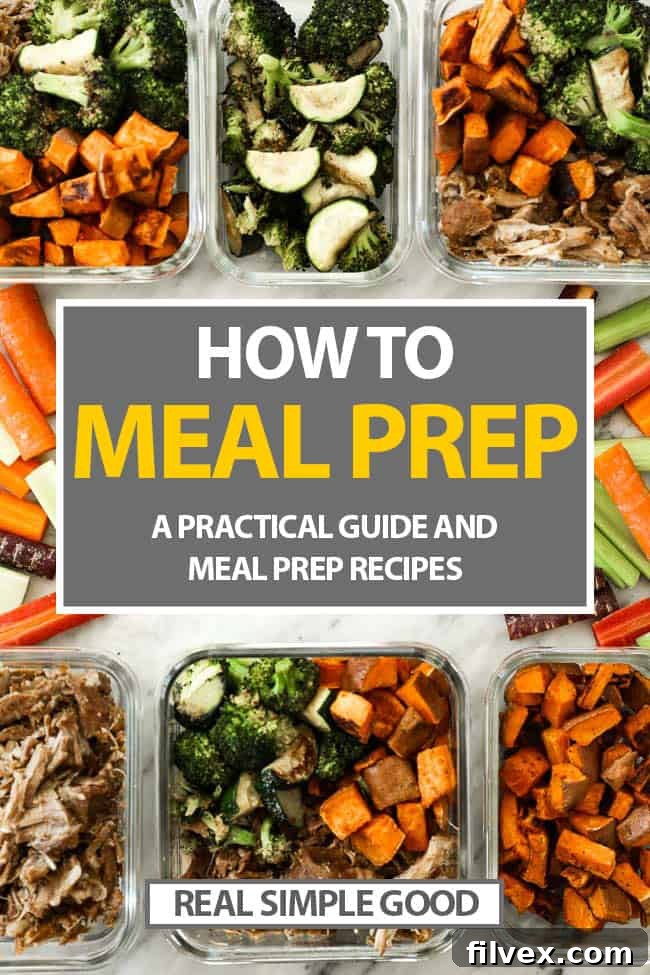 Finished containers with prepped food with how to meal prep text overlay