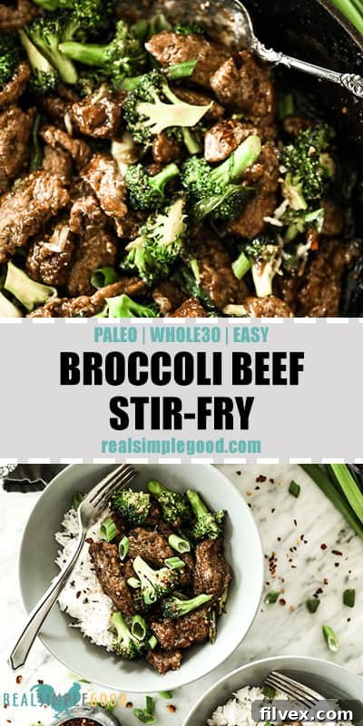 Long pin with two images and text. Top image of broccoli beef stir fry in cast iron skillet. Second image of broccoli beef stir fry in bowl with white rice, fork and topped with green onion and crushed red pepper.