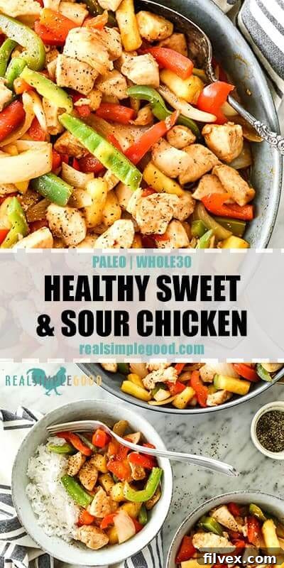 Two overhead shots of healthy sweet and sour chicken in skillet and in bowls with text in the middles of the photos for pinterest. Dish includes chicken, onion, red and green bell pepper, pineapple and a sweet and sour sauce. 