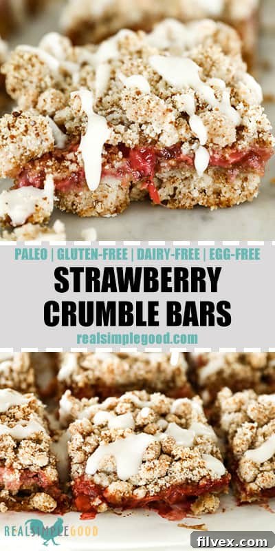 A compelling Pinterest pin collage featuring two distinct images of strawberry crumble bars. One close-up highlights the coconut butter drizzle cascading down the side, while the second shows the neatly arranged bars on marble. Prominent text in the middle summarizes the recipe's healthy attributes for easy sharing.