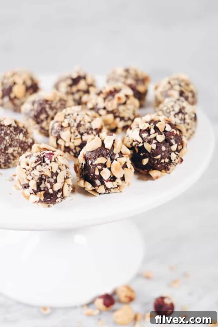 An alluring image of no-bake chocolate hazelnut truffles, dusted with cocoa powder and arranged artfully. Their rich, dark appearance hints at an indulgent, melt-in-your-mouth experience.