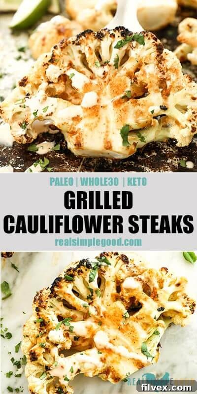 Two close up images of grilled cauliflower with text in the middle for pinterest. 