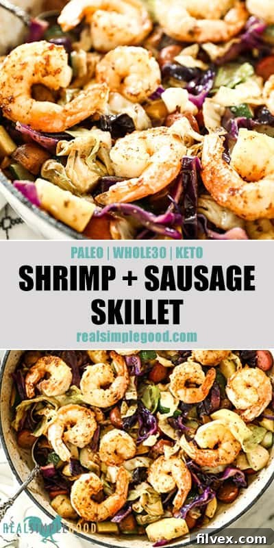 Two close up images of shrimp and sausage skillet meal with text overlay in the middle for pinterest.